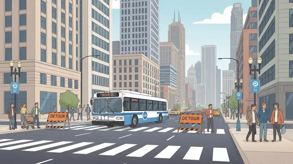 Downtown Chicago street intersection showing CTA bus route detour path with traffic signals and urban buildings