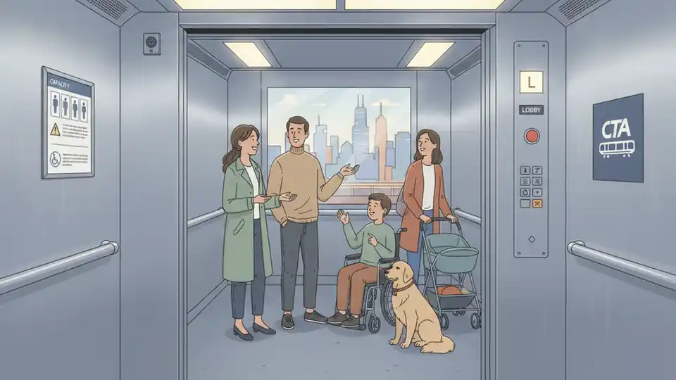 CTA elevator interior at a rail station showing accessibility features and control panel, representing typical transit system elevator infrastructure