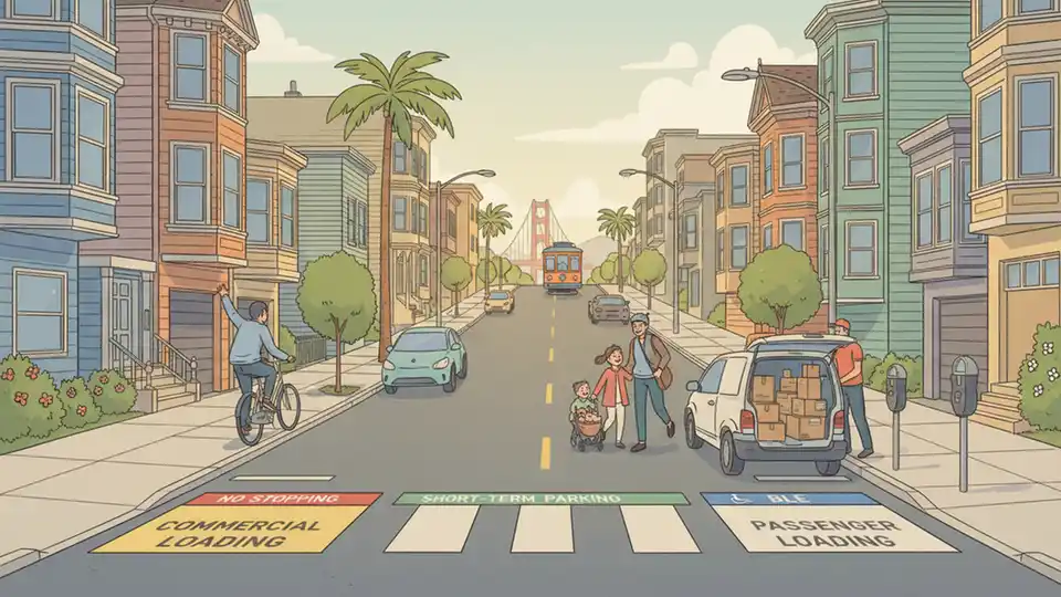 San Francisco city street with curb zone markings and neighborhood buildings
