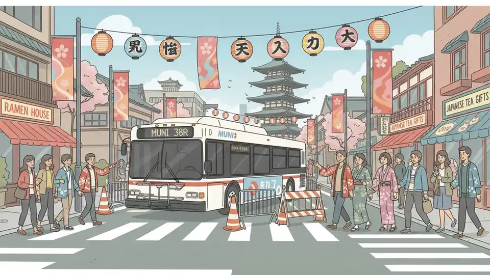 Muni bus navigating around street festival barriers in San Francisco's Japantown neighborhood with pedestrians and cultural event decorations visible