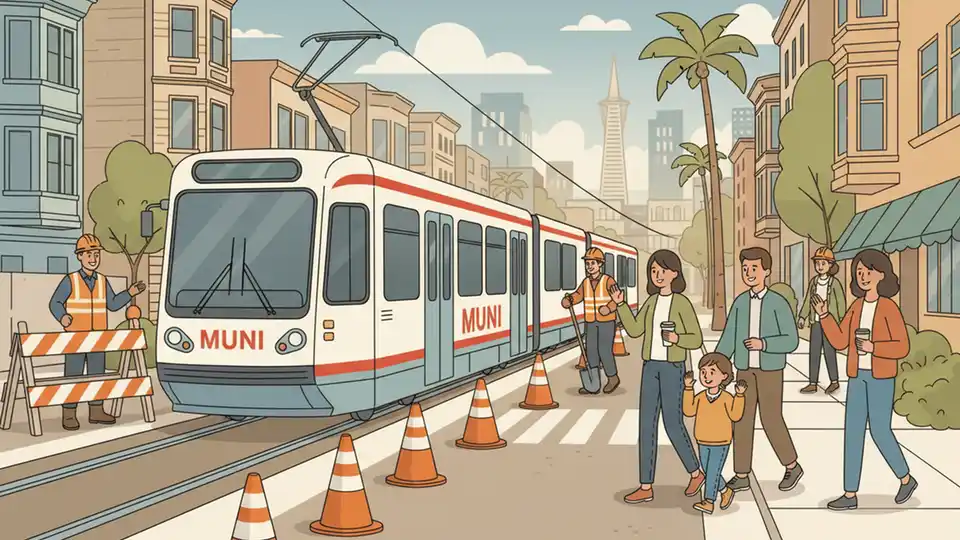 San Francisco Muni light rail vehicle passing construction barriers and orange cones on city street with workers visible in background