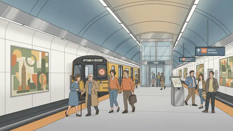 Second Avenue Subway station platform with Q train and modern station architecture showing expansion potential
