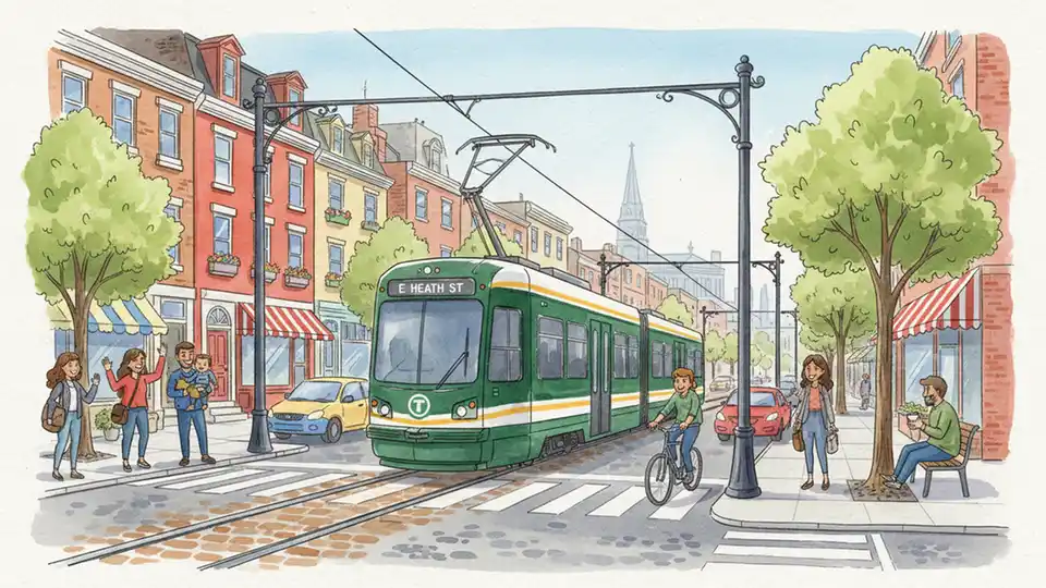 MBTA Green Line trolley on surface tracks in Boston neighborhood with overhead wires