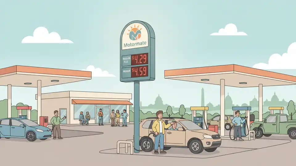 Gas station price display showing fuel prices above $4 per gallon with customers filling vehicles