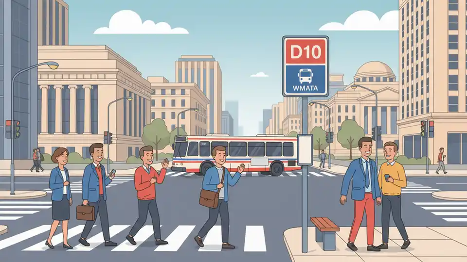 WMATA bus stop sign showing route D10 with downtown Washington street intersection in background