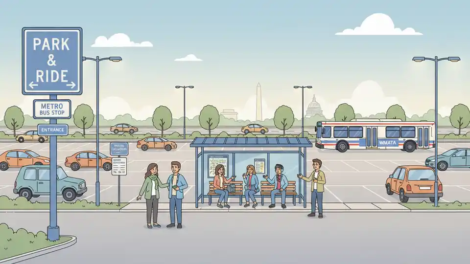 Park-and-ride lot entrance with directional signage and commuter vehicles parked near transit bus stop