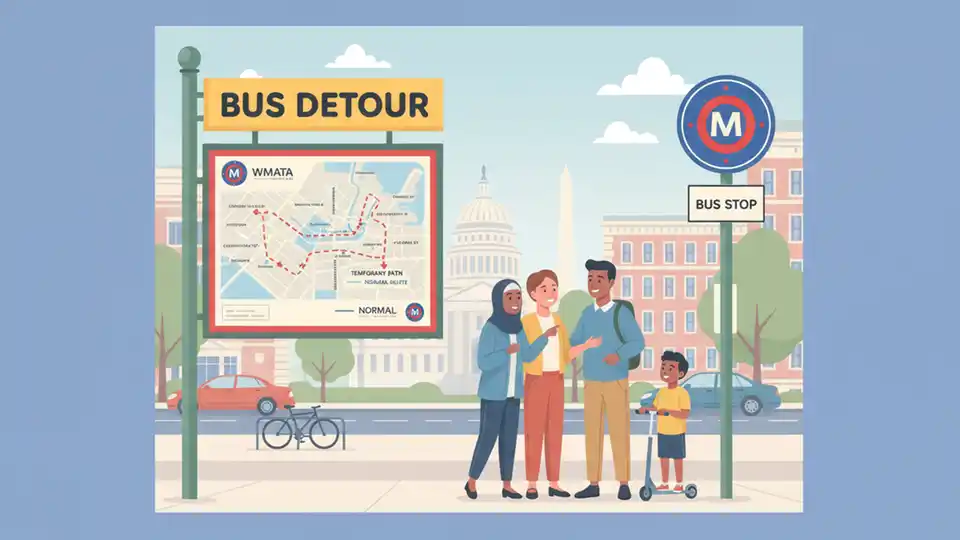 Washington DC Metro bus detour sign and route map at transit stop