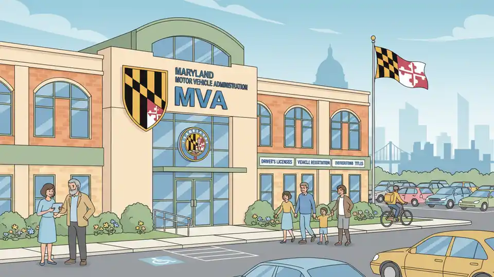 Maryland Motor Vehicle Administration office exterior with state flag and official signage