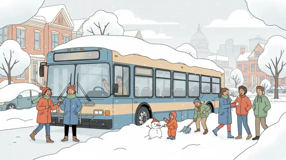 Snow-covered bus stuck in deep snowdrift on Washington DC street during February 2010 winter storm