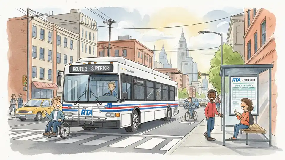 Cleveland RTA bus on urban route with schedule display showing service frequency