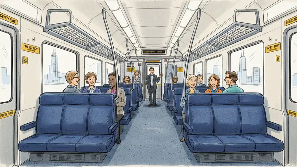 Interior of Illinois commuter train showing passenger seating area, handrails, and safety signage with natural lighting through windows