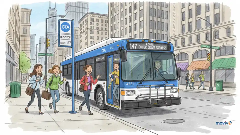 Chicago Transit Authority bus at downtown stop with passengers boarding during daytime, showing exterior signage and urban street setting