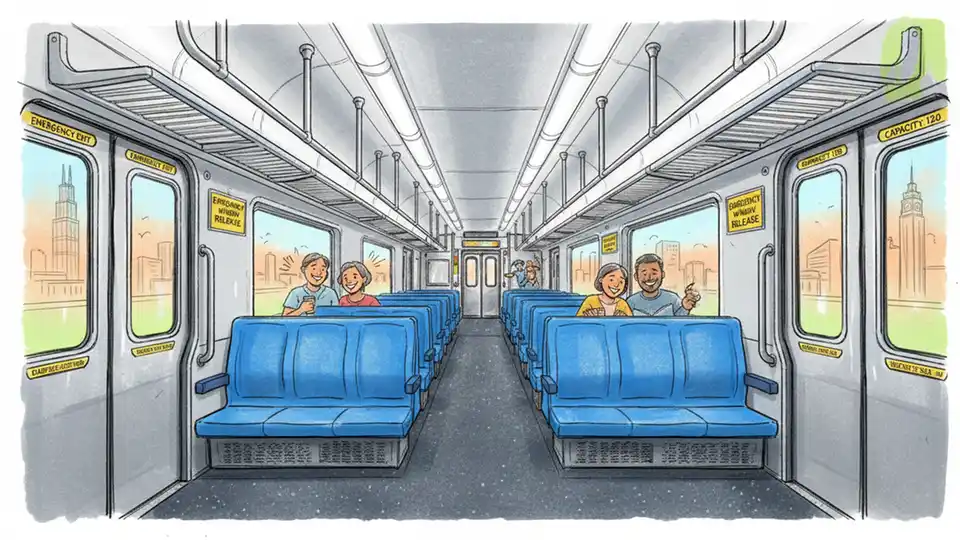Interior of Illinois commuter train with empty seats and safety signage