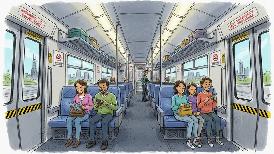 Interior of Illinois commuter train with passengers and safety signage visible