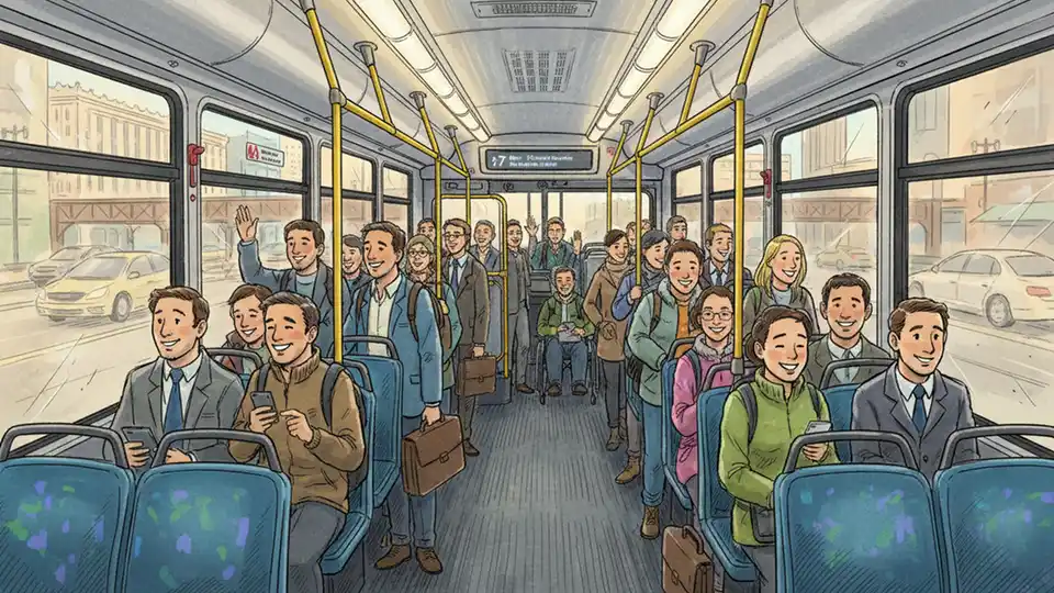 Interior of crowded public transit bus with passengers standing in aisle during rush hour commute