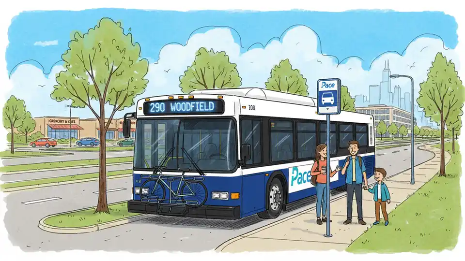 Illinois transit bus at suburban stop with route signage visible