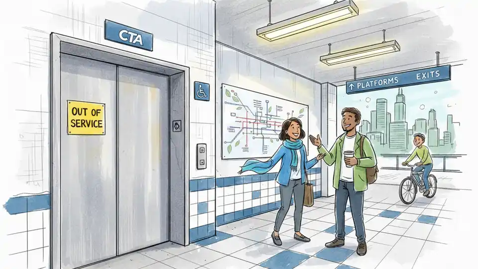 CTA elevator at rail station with out-of-service sign and accessibility symbol visible