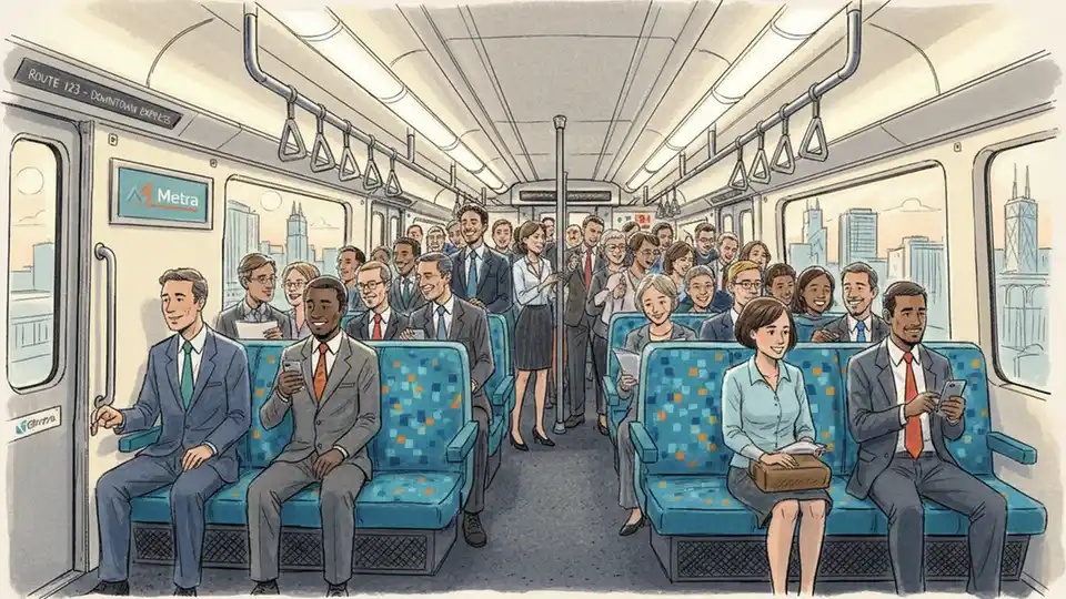 Interior of crowded Illinois Metra commuter train during rush hour showing passengers in confined space, illustrating environment where gun ban applies