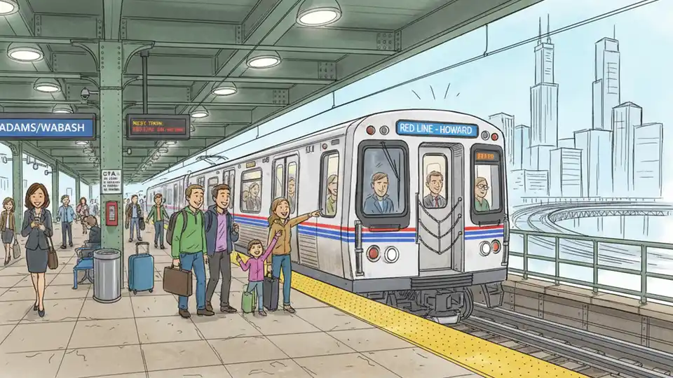 Illinois CTA train at downtown Chicago station platform with passengers waiting, showing typical urban transit environment where firearms ban remains in effect