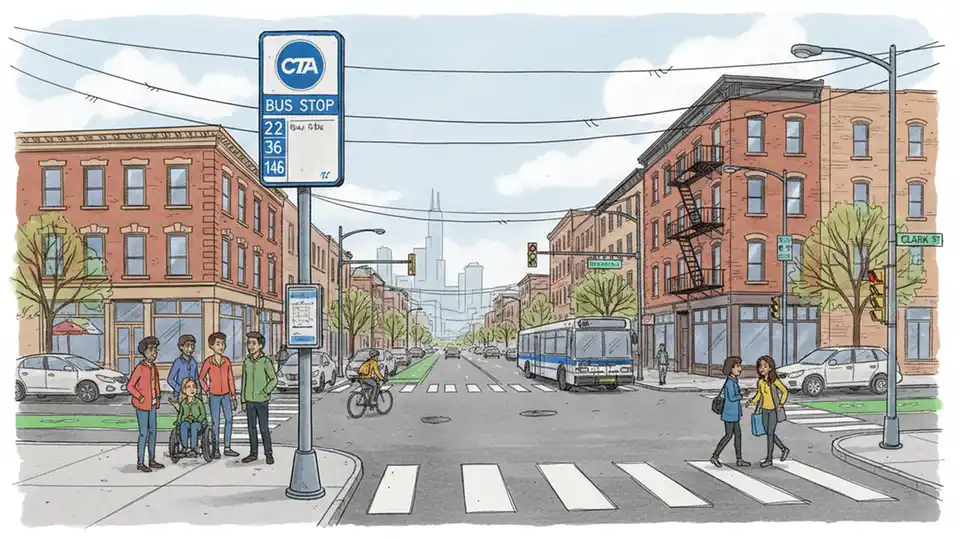 Chicago street intersection with CTA bus stop sign and urban neighborhood buildings in background