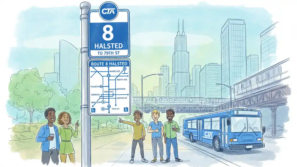 Chicago Transit Authority bus stop sign for Route 8 Halsted with route map visible showing service area