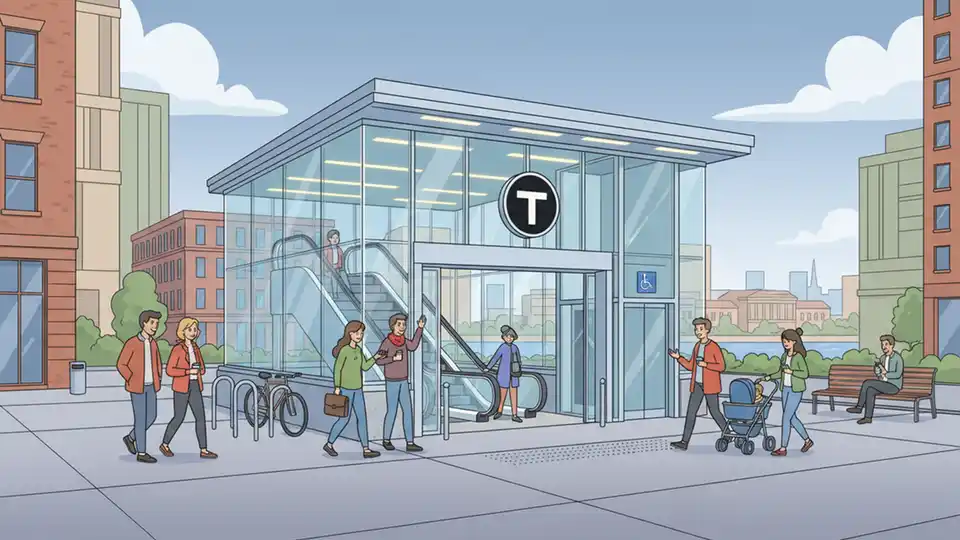 Modern glass-enclosed subway station entrance with escalator and elevator access