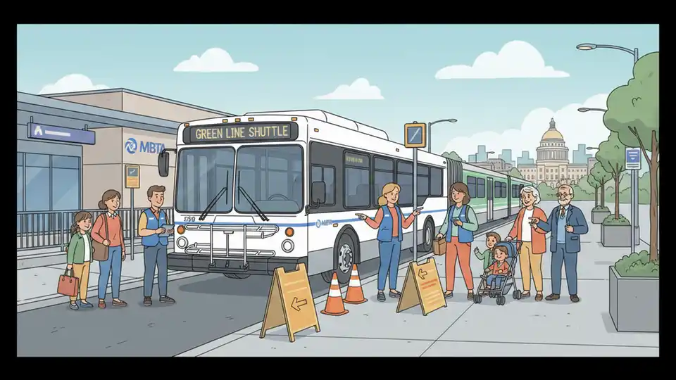 MBTA shuttle bus at transit station with route information displayed