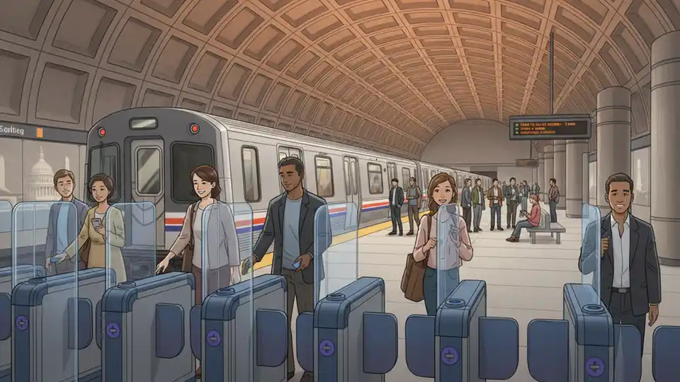Metro train at station platform with fare gates and passengers waiting for departure