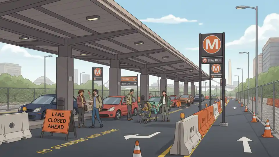 Metro station Kiss and Ride area with construction barriers and lane closure signs, showing active drop-off zone with vehicles