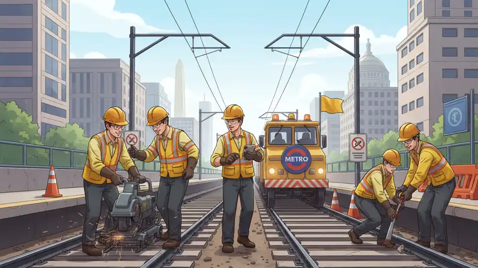 Light rail track maintenance work with safety equipment and workers along urban transit corridor