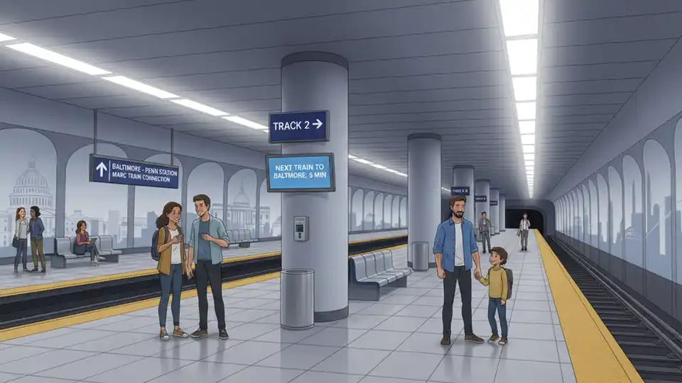 Metro Subway station platform showing Track 2 signage and directional wayfinding for Baltimore MTA riders