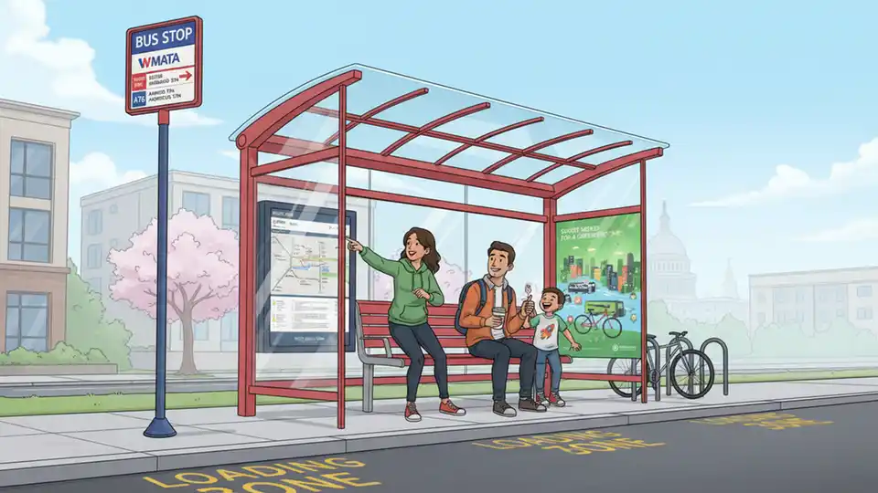 Bus stop sign and shelter at relocated WMATA stop showing Route A76 service information