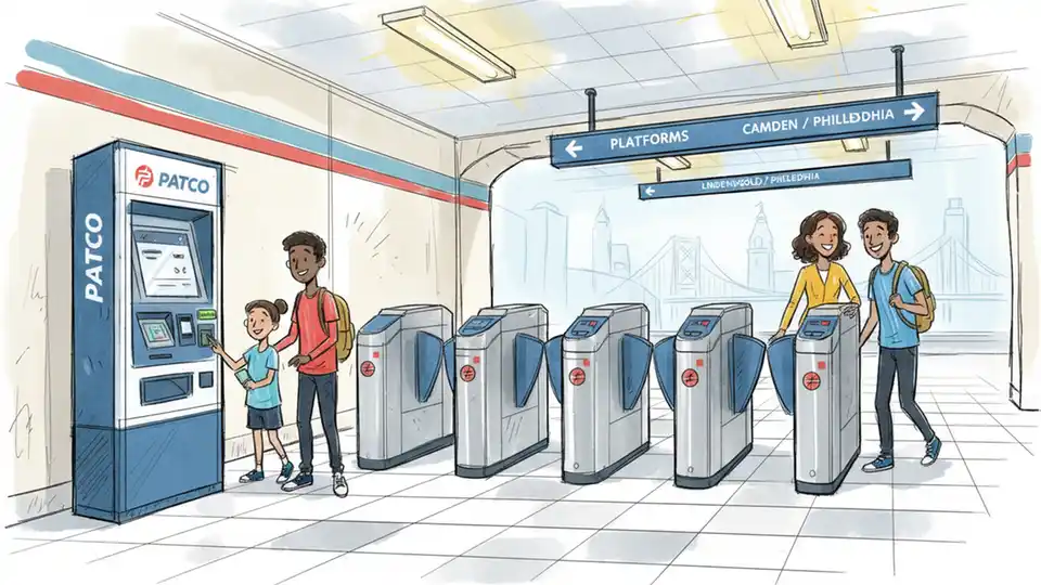 PATCO fare gate and ticket vending machine at transit station entrance