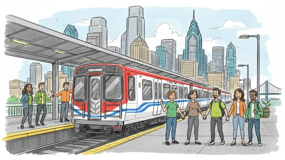 PATCO train arriving at Philadelphia station platform with city skyline visible in background