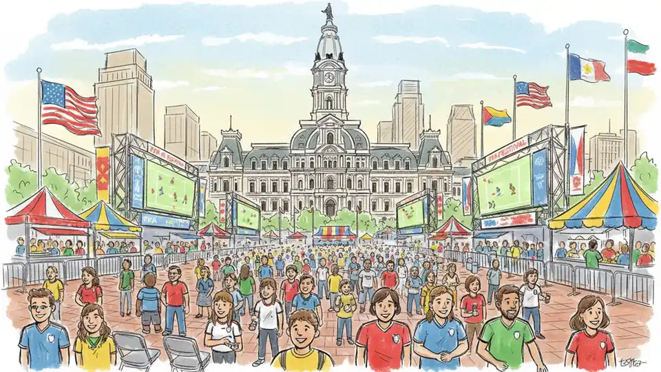 FIFA Fan Festival setup at Philadelphia City Hall with large outdoor screens, food vendors, and crowds gathered for watch party with American and international flags displayed