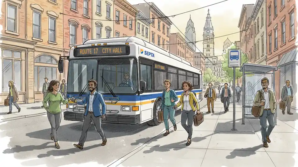 Transit bus at urban station with commuters boarding during morning rush hour. Alt text: City transit bus with passengers boarding at downtown stop as gas prices rise. Composition: Wide shot showing multiple riders entering bus, emphasizing increased transit use.