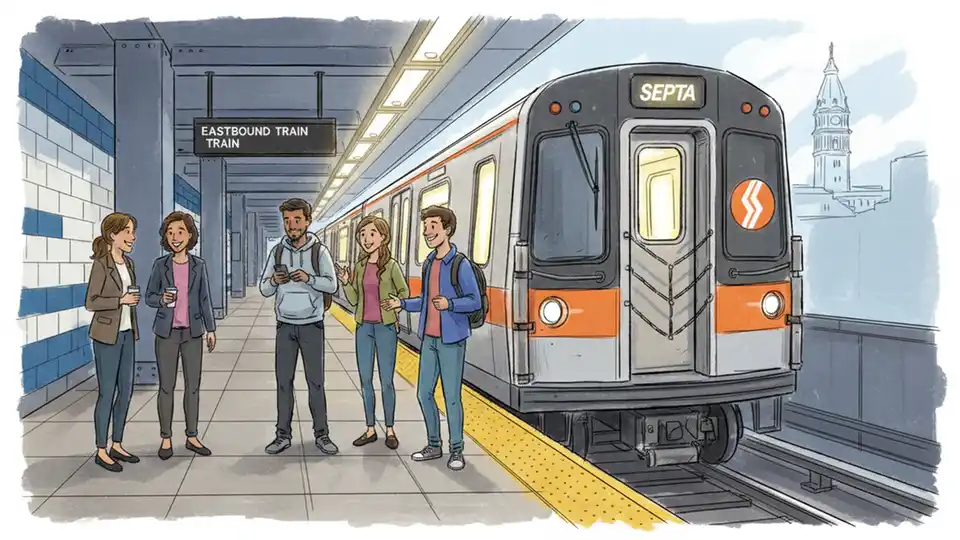 Subway train arriving at station platform with waiting passengers. Alt text: Metro rail train at station platform as commuters seek transit alternatives to driving. Composition: Platform-level view showing train doors opening and riders preparing to board.