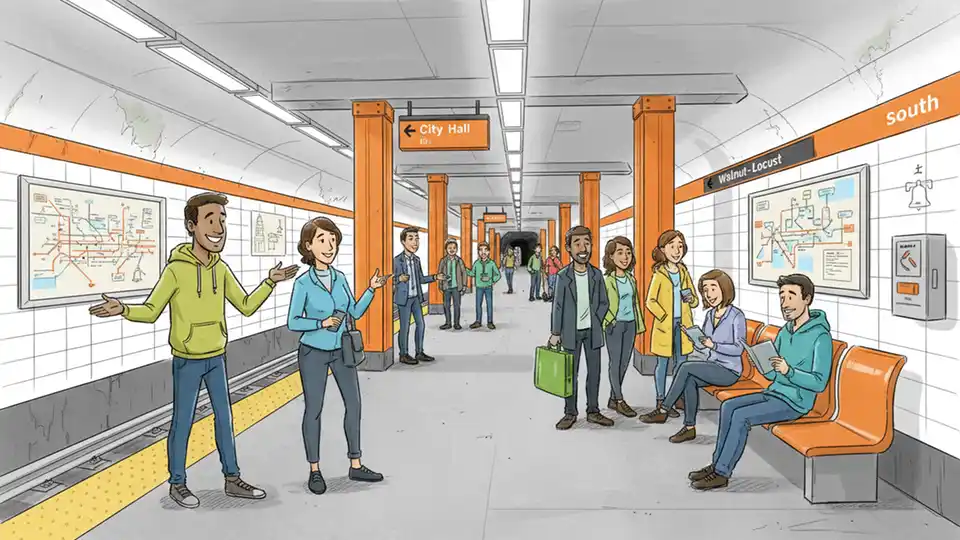 SEPTA Broad Street Line subway platform with commuters waiting for train in Philadelphia