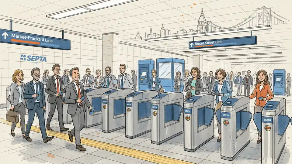 SEPTA subway station fare gates with commuters passing through during rush hour