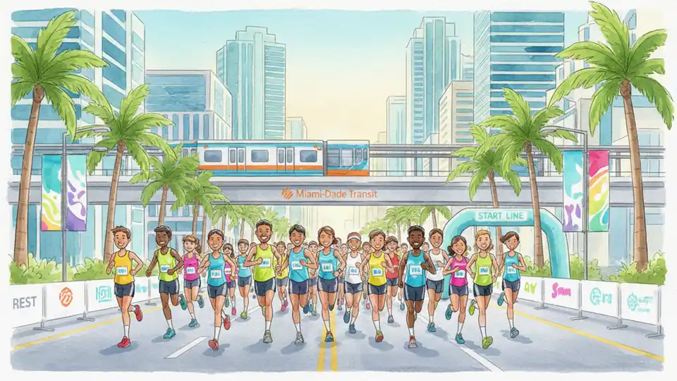 Runners gathering at downtown Miami street event with transit station visible