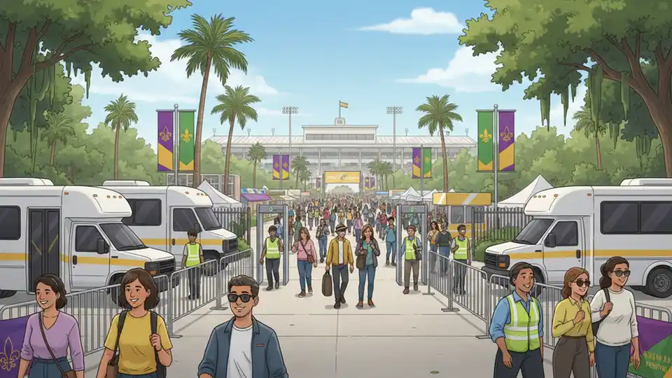 Fair Grounds festival entrance with shuttle drop-off area and attendees entering venue