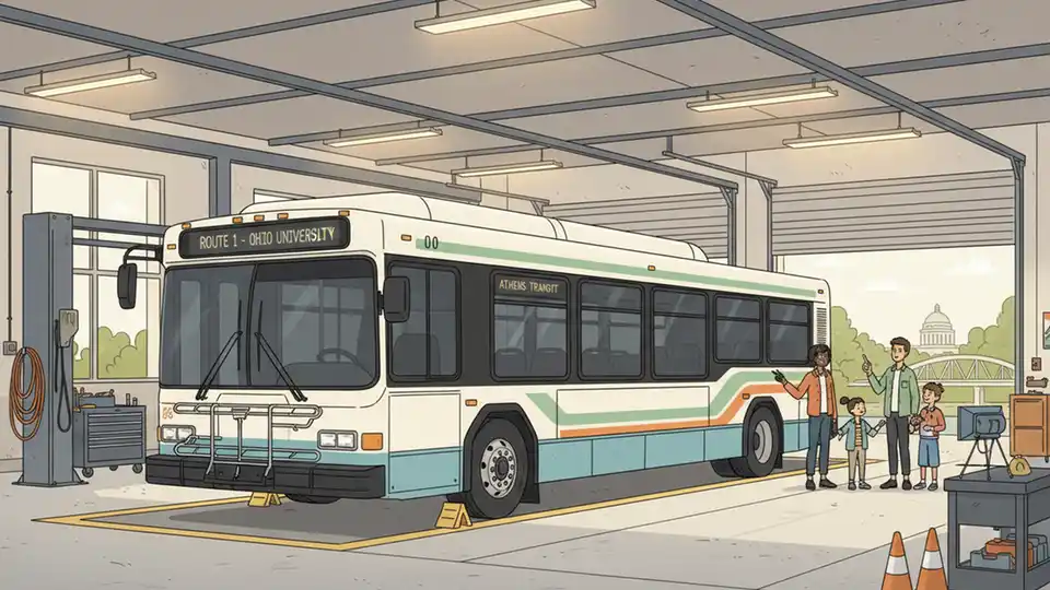 Modern transit bus at maintenance facility showing exterior design and safety inspection area