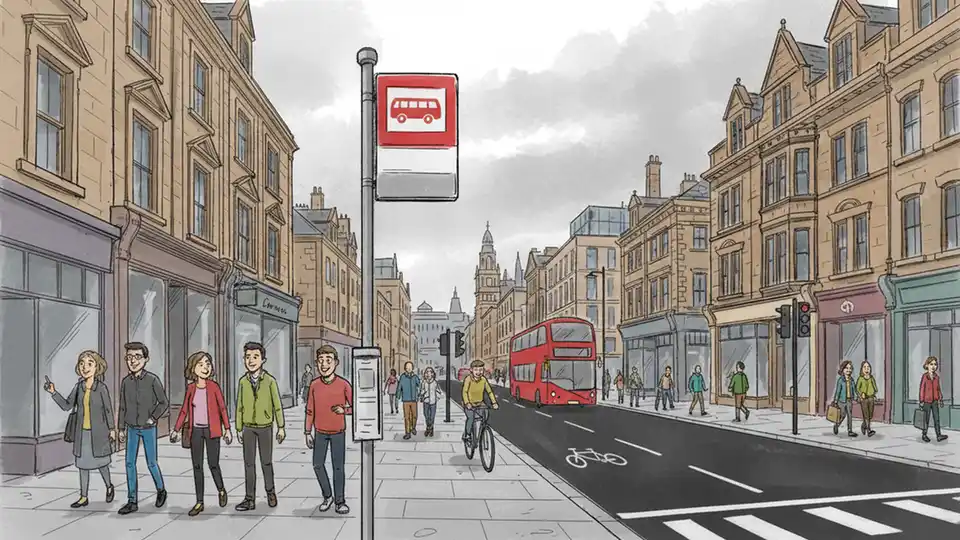 Bradford city centre street with bus stop sign and urban buildings in background