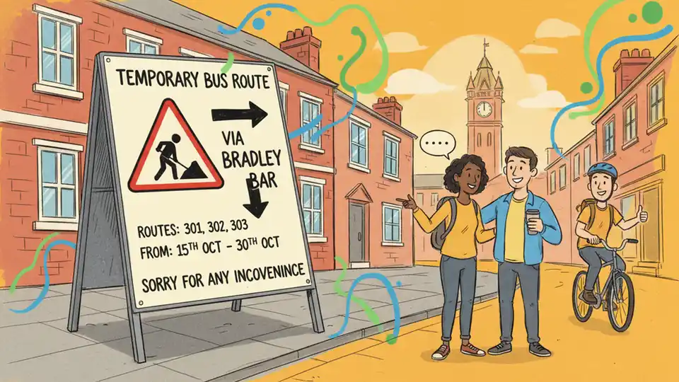 Bus route diversion sign showing temporary routing via Bradley Bar with roadwork warning symbols