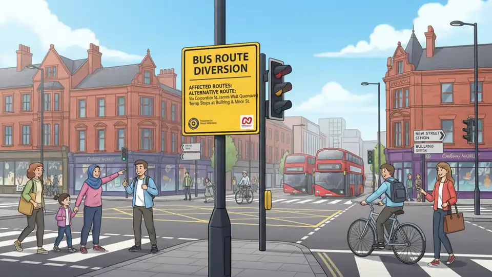 Birmingham bus route diversion sign at city street intersection showing alternative route information for passengers