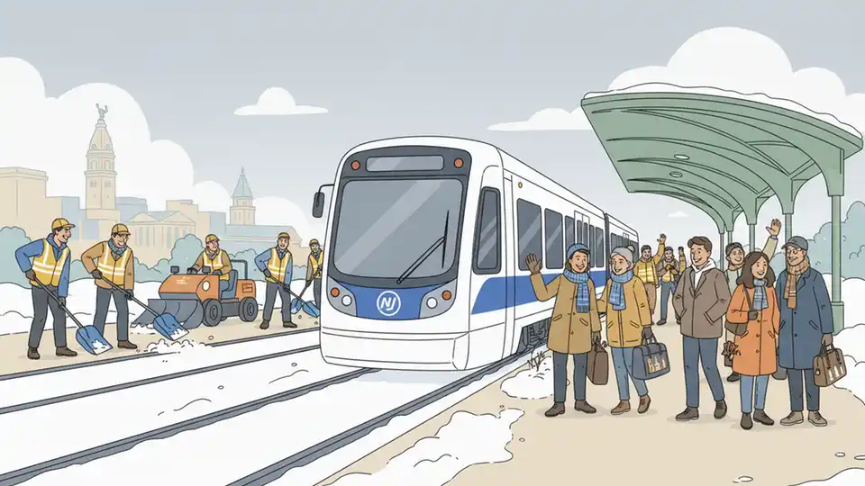 NJ Transit light rail train at platform with snow on tracks, crews clearing snow in background