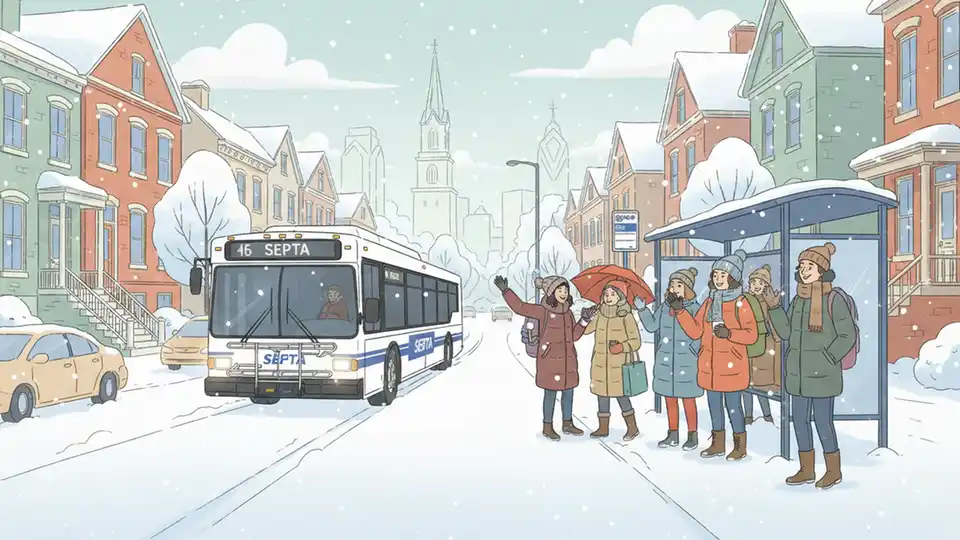 SEPTA bus navigating snow-covered Philadelphia street with passengers waiting at stop, winter storm conditions visible