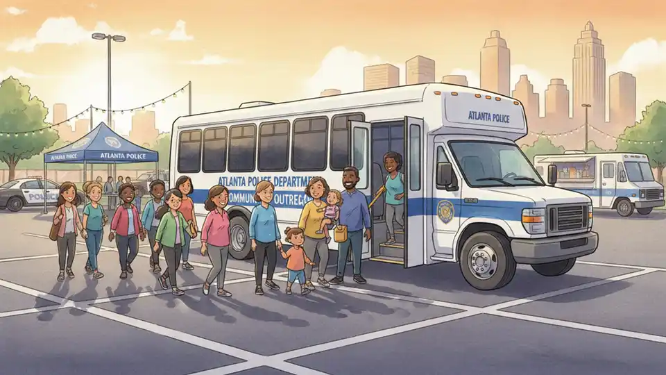 Shuttle bus at Atlanta police community event with parking lot and attendees boarding in early evening