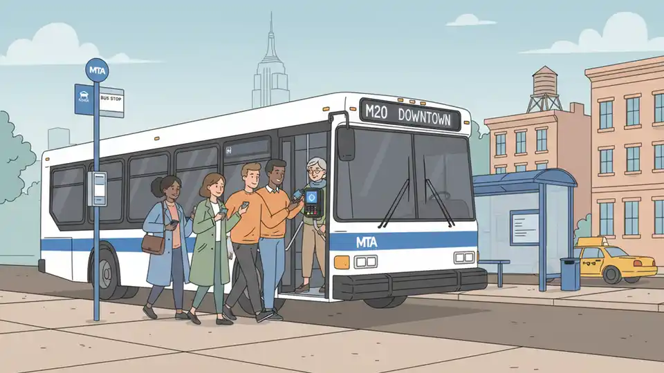 MTA bus at city stop with passengers boarding, OMNY card reader visible near entrance