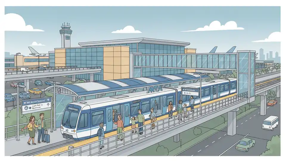 BWI Airport Light Rail station with train approaching, showing airport terminal connection and transit infrastructure serving Baltimore region